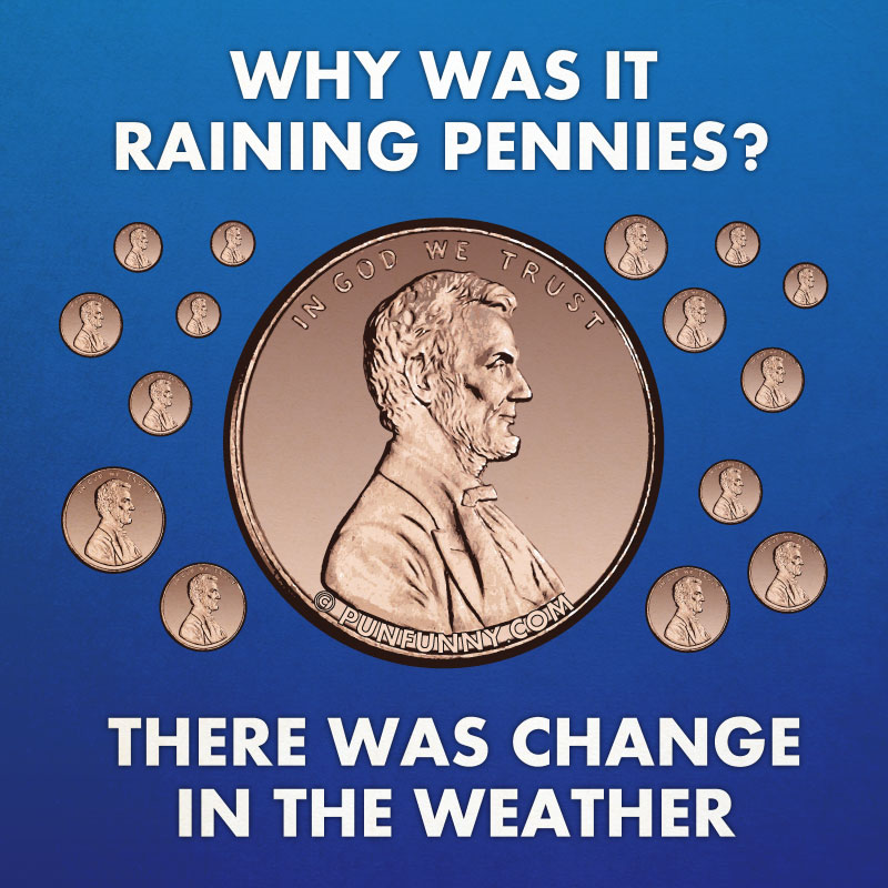 Illustration of Lincoln pennies falling like rain pun